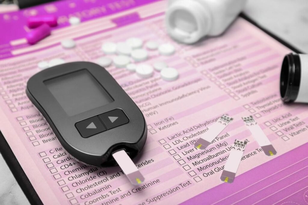 A glucometer with test strips on a medical form, surrounded by white and pink pills, representing the diagnosis and management of hyperglycemia.