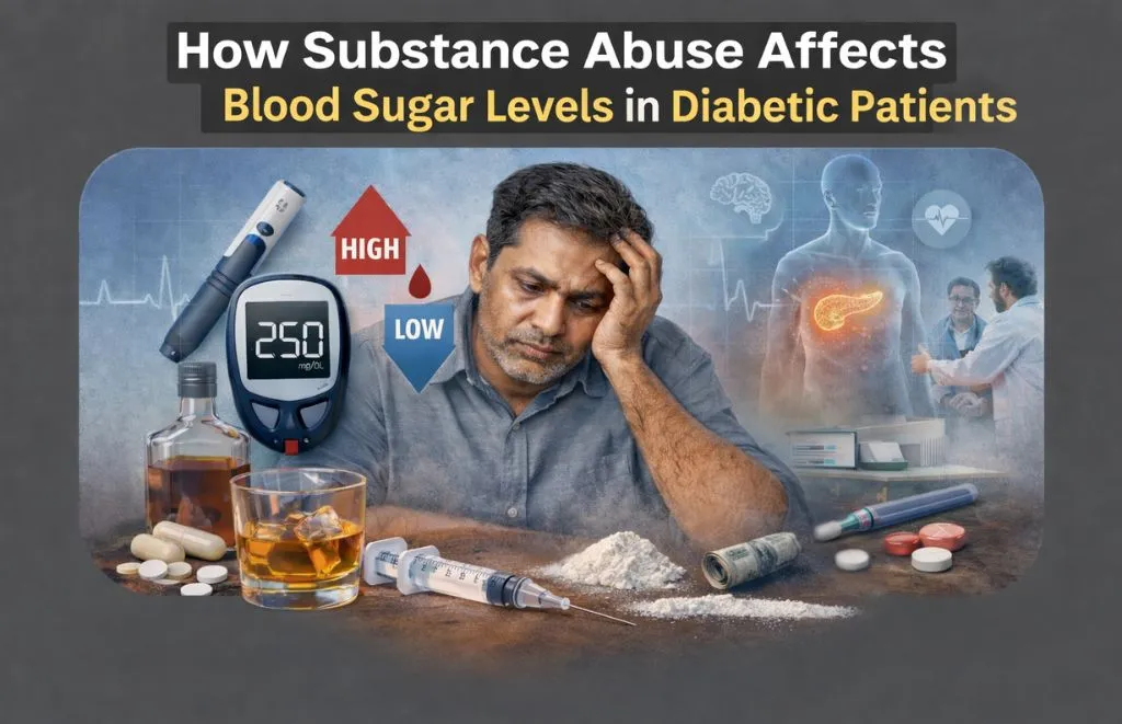 Illustration showing how substance abuse affects blood sugar levels in diabetic patients with alcohol, drugs, and glucose fluctuations